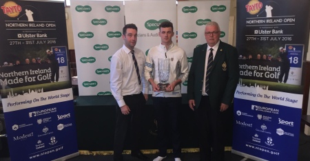 Andrew Lowry (Specsavers Ballymena) presents Jamie Fletcher (Warrenpoint GC) with the North of Ireland Amateur Open Strokeplay trophy alongside Galgorm Castle GC Captain, Ian Henry